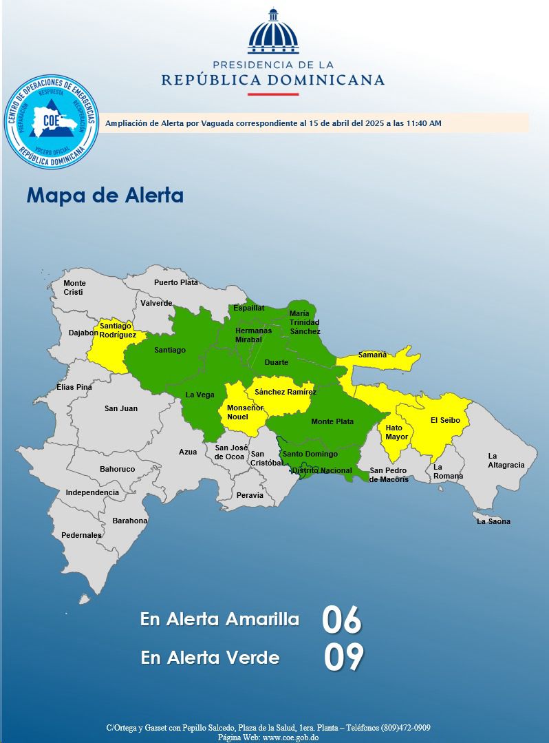 Elevan a 15 las provincias en alerta por vaguada; seis en amarilla y nueve en verde