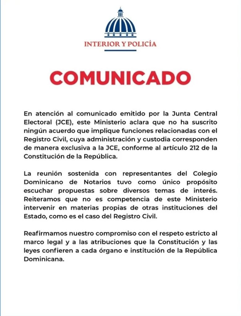 el ministerio de interior y policía aclaró este jueves que no ha suscrito ningún acuerdo que im